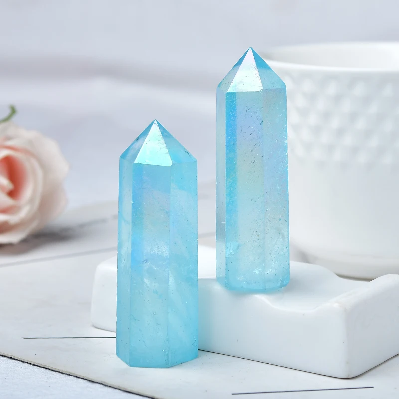 Natural Blue Aura Clear Quartz Crystal Point Electroplating Wand Healing Stone Energy Home Decoration Reiki Tower Gifts | Дом и сад