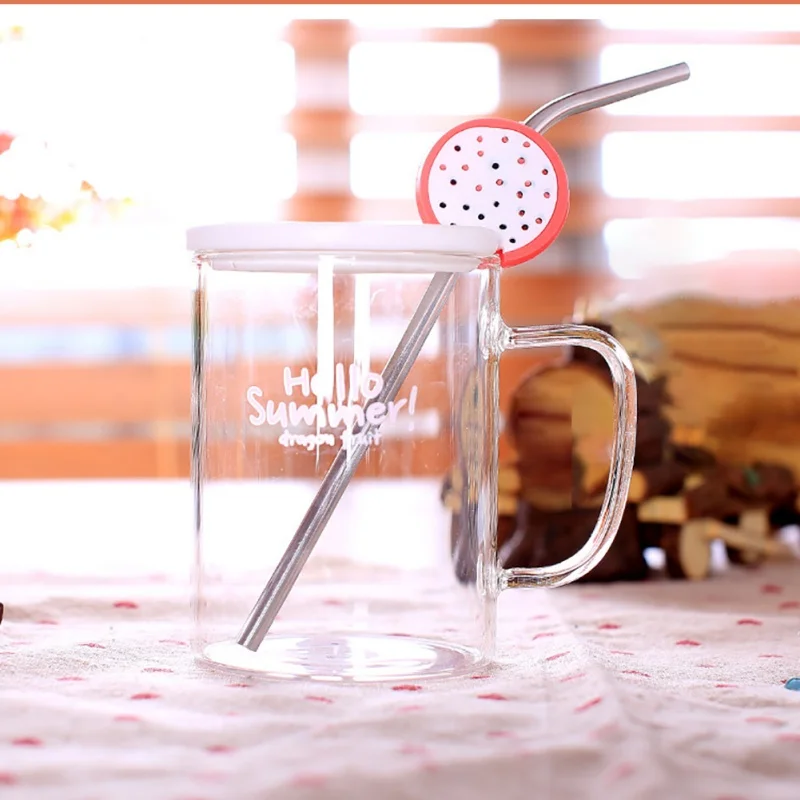 Домашний милый фруктовый стакан для воды, прозрачный стакан для воды с соломенной крышкой, милый офисный стеклянный стакан, чашка для воды, стеклянная чашка для молока