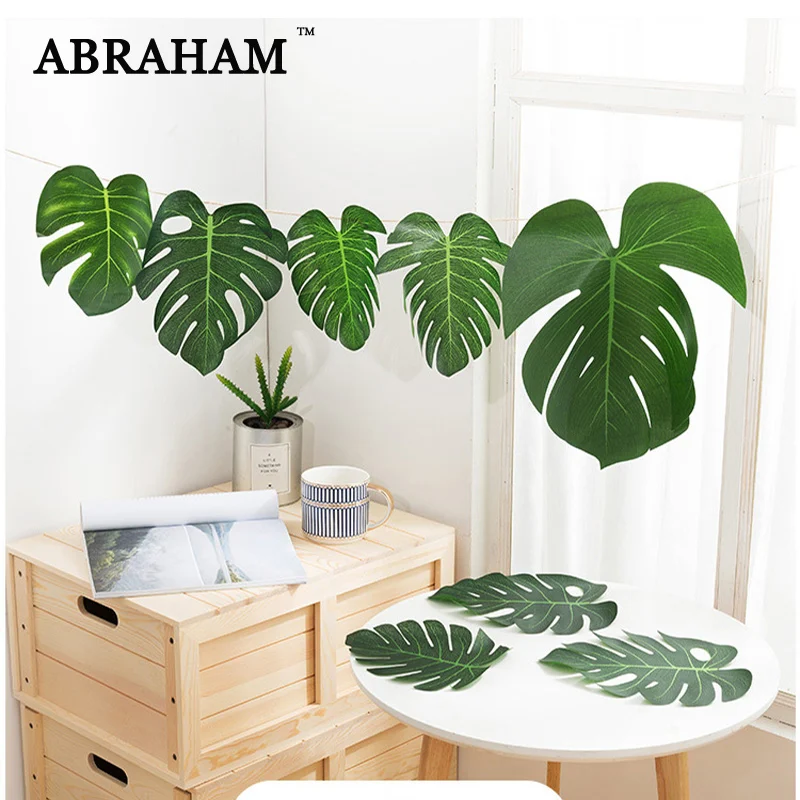 

Tropical Green Plants Monstera Large Artificial Tree Leaves Fake Palm Leaf Real Touch Turtle Foliage For Home Wedding Wall Decor
