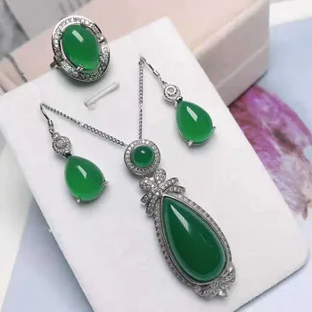 

Natural ice jade inlaid with 925 silver jewelry three piece set ring pendant earrings