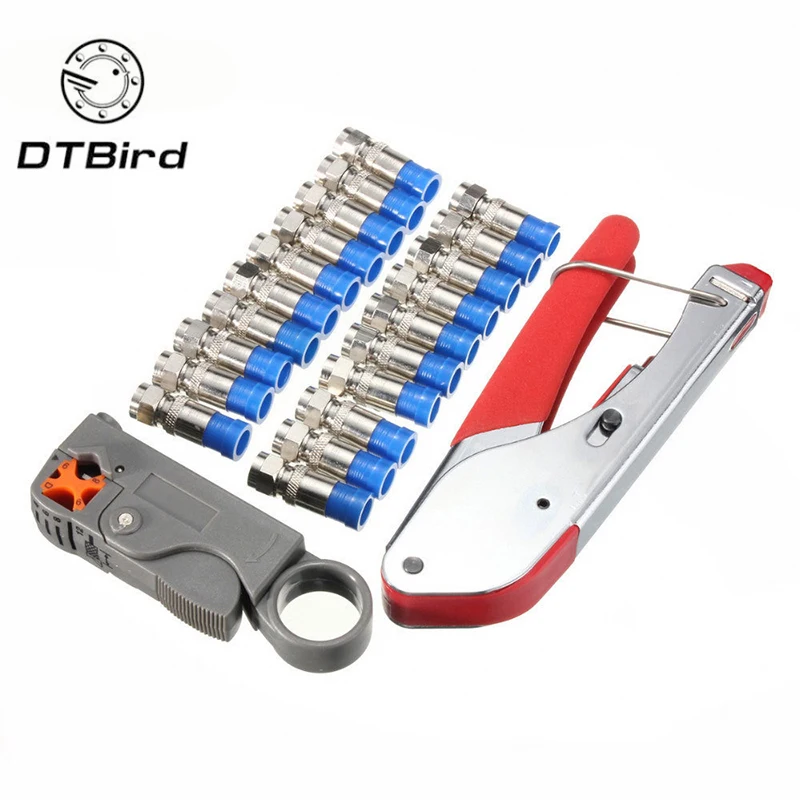 

Compression Tool Kit Rg59 Rg6 Coax Crimping Tool Double Blades Coaxial Cable Stripper with 20Pcs Blue F Connectors