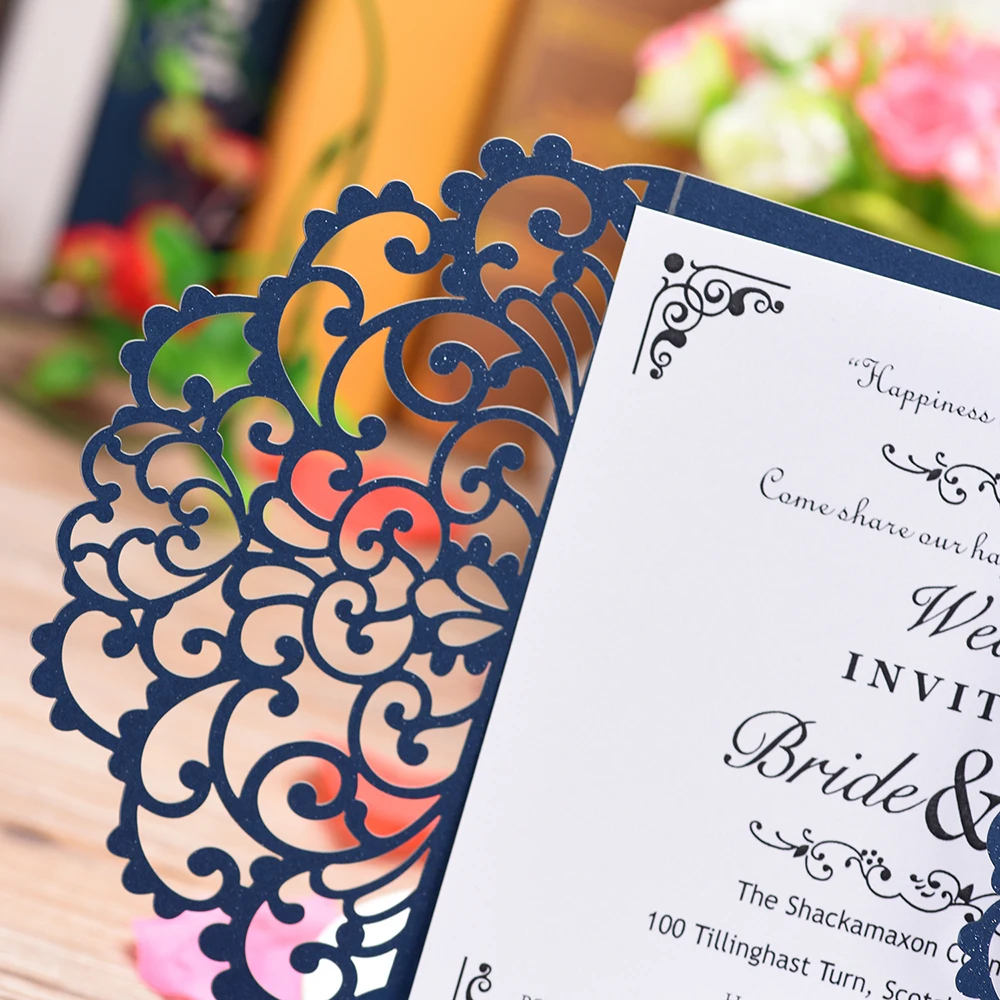  10pcs Pearl Paper Wedding Invitation Hollow Floral Invitation Holders with Blank Inner Sheet Weddin - 4000056309848