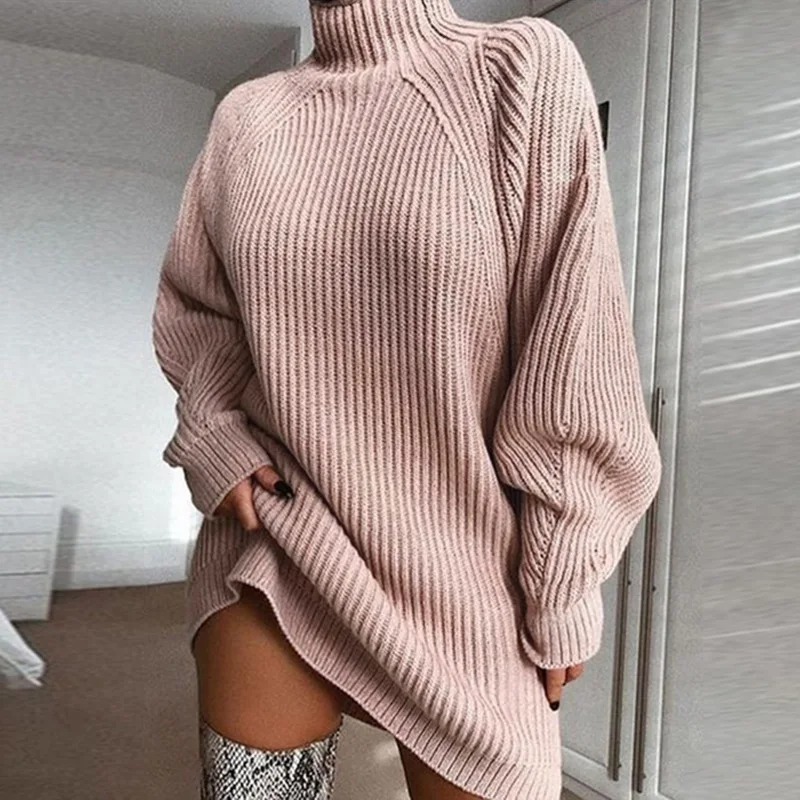 Осень Зима женский свитер длинный свитер платье Модный женский Водолазка пуловер Однотонный женский свитер платья