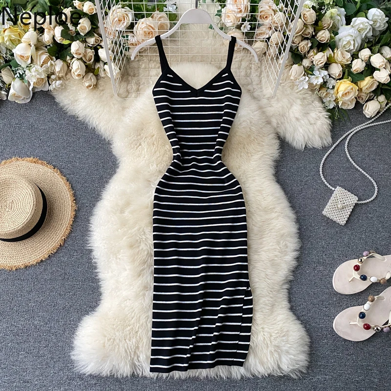 Neploe Slim V Neck 2021 Sexy Striped Print Knitted Midi Split Dress Bodycon Summer Party Dresses Spaghetti Strap Vestidos | Женская