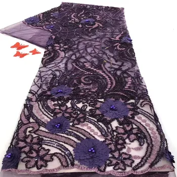 

Heavy Purple Nigerian Sequin Lace 2020 African Wedding Lace Fabric High Quality 3d Flowers Beaded French Lace Fabric For Dresses