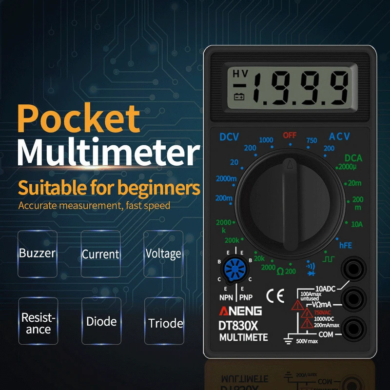 

Mini Digital Multimeter with Buzzer Overload protection Safety Voltage Ampere Ohm Tester Probe DC AC LCD Black yellow