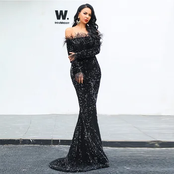 

Sequined Evening Dresses Boat Neck Off The Shoulder Women Party Gowns K296 Mermaid Formal Vestidos Long Sleeve Robe De Soiree