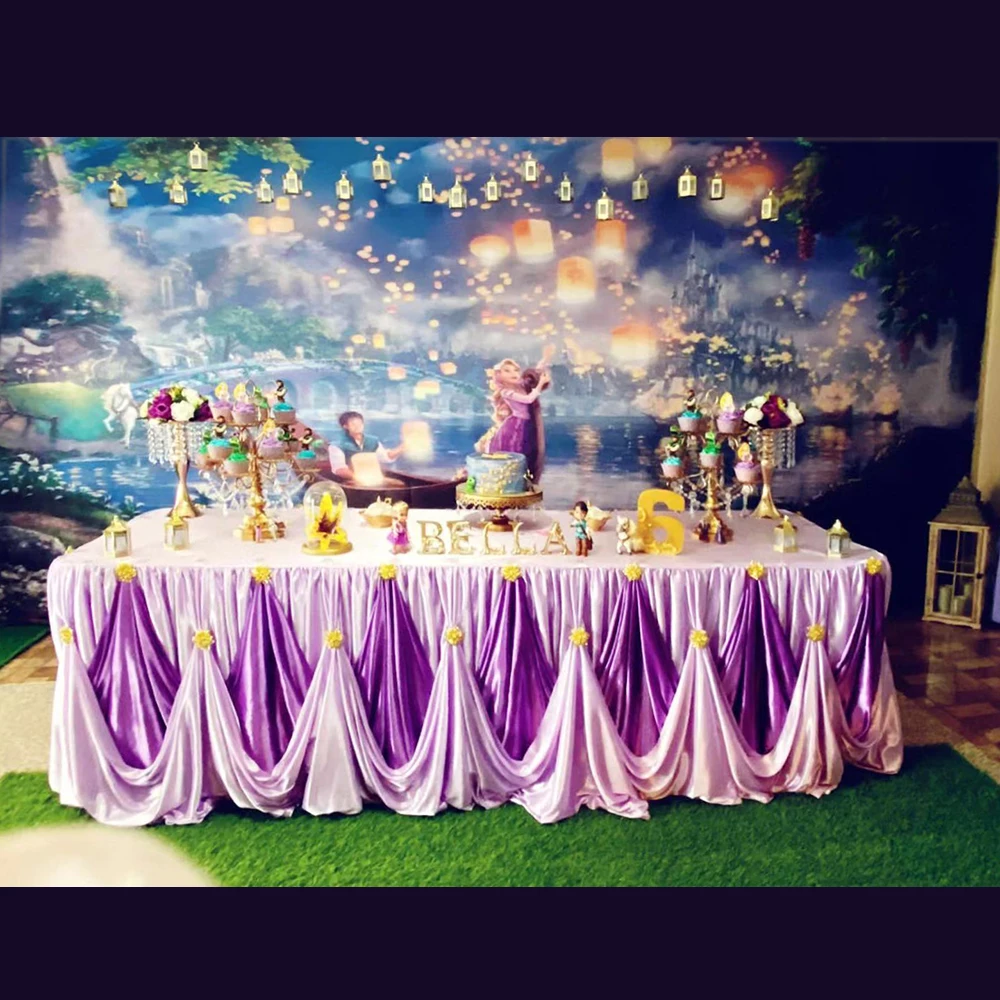 

2020 October New Arrival Ice Silk Table Skirt With Luxury Brooch For Wedding Party Birthday Decoration