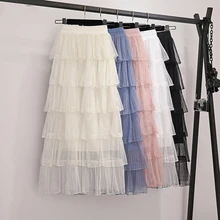 Модные женские фатиновые Многослойные Длинные юбки, летняя сексуальная клубная белая юбка миди, женские эластичные сетчатые милые плиссированные юбки с высокой талией