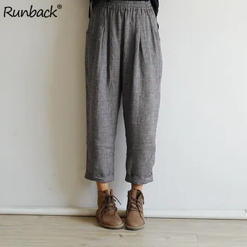

Runback Women's Pants Harem Plaid Linen Trousers Elastic Waist Comfort Pockets Pull-on Thin High Waist Casual Palazzo Pants