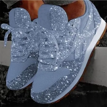 

Women Flat Glitter Sneakers Casual Female Mesh Lace Up Bling Platform Comfort Plus Size Vulcanized Shoes 2019 Autumn