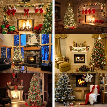 

Christmas Fireplace Theme Backdrop for Photography Tree Sock Gift Xmas Party Decoration Supplies Photo Background Banner Studio