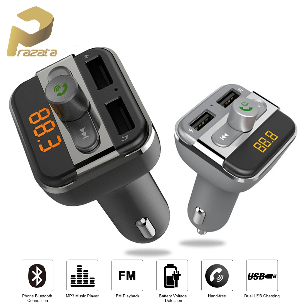 

Prazata Bluetooth Fm Transmitter modulator Car Kit FM Auto MP3 Player 2 USB Charger 3.4A Built-in Microphone With Micro SD Card