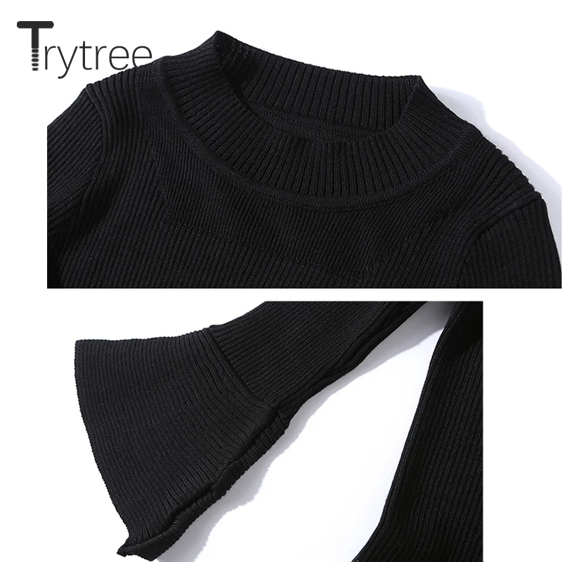 Trytree/, Осенний женский костюм из двух предметов, повседневный стиль, расклешенный рукав, вязаный Топ+ юбка, однотонный комплект из 2 предметов, до середины икры