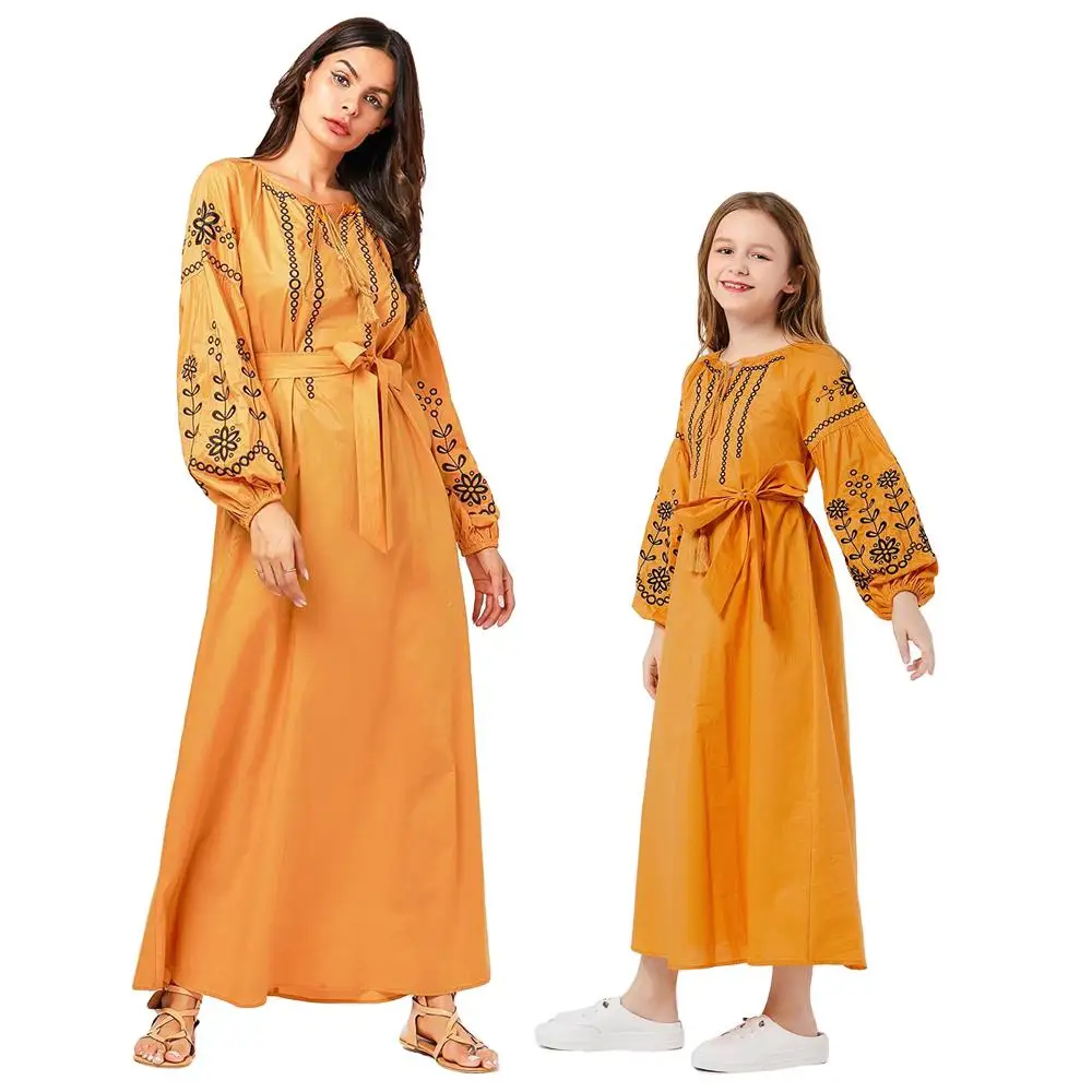 

Muslim Casual Long Dress New Fashion Family Look Clothes Mom and Big Girls Full Sleeve Dresses Yellow Embroidery Ethnic Dresses