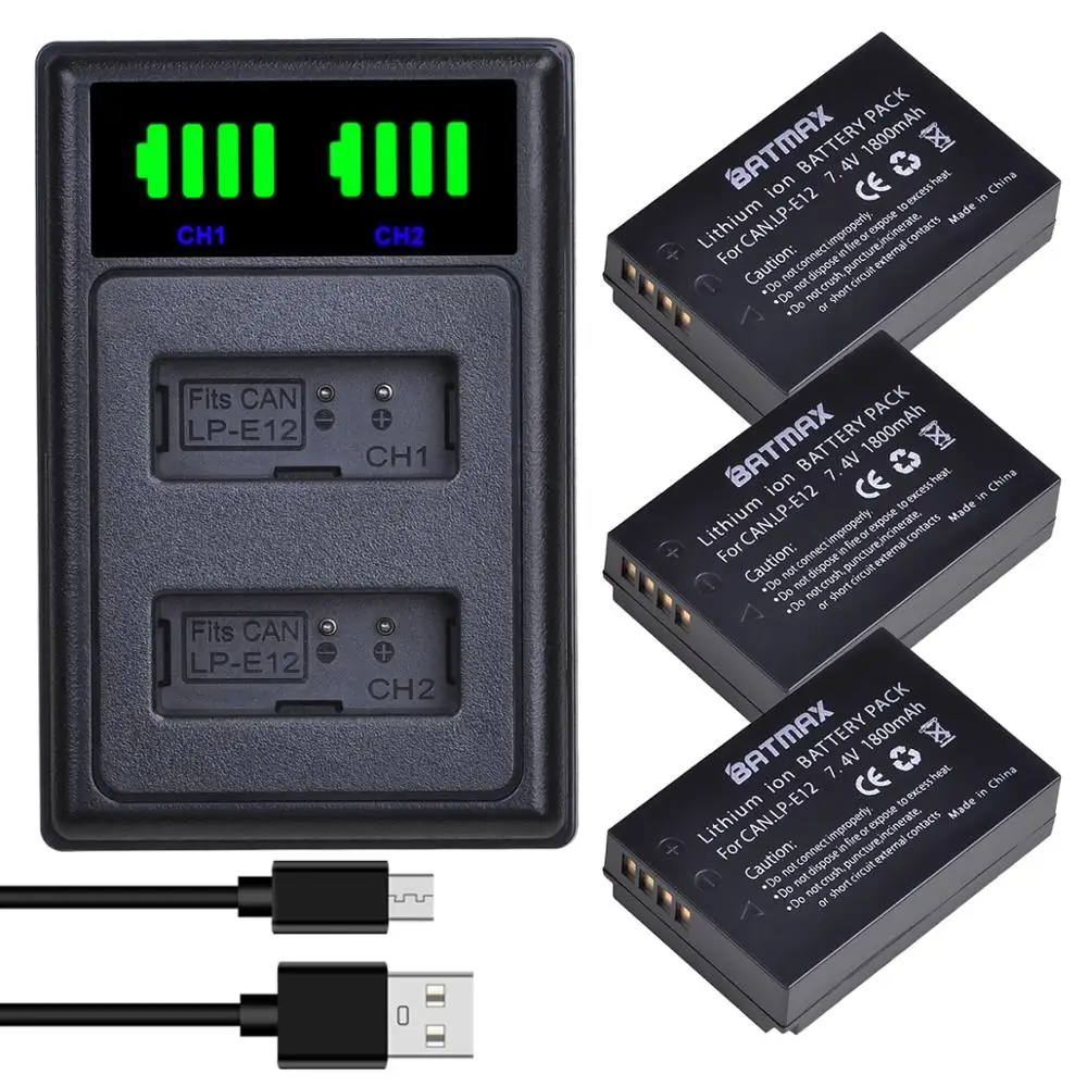 Batmax LP-E12 LPE12 Батарея + Новый светодиодный двойной USB Зарядное устройство с Тип C