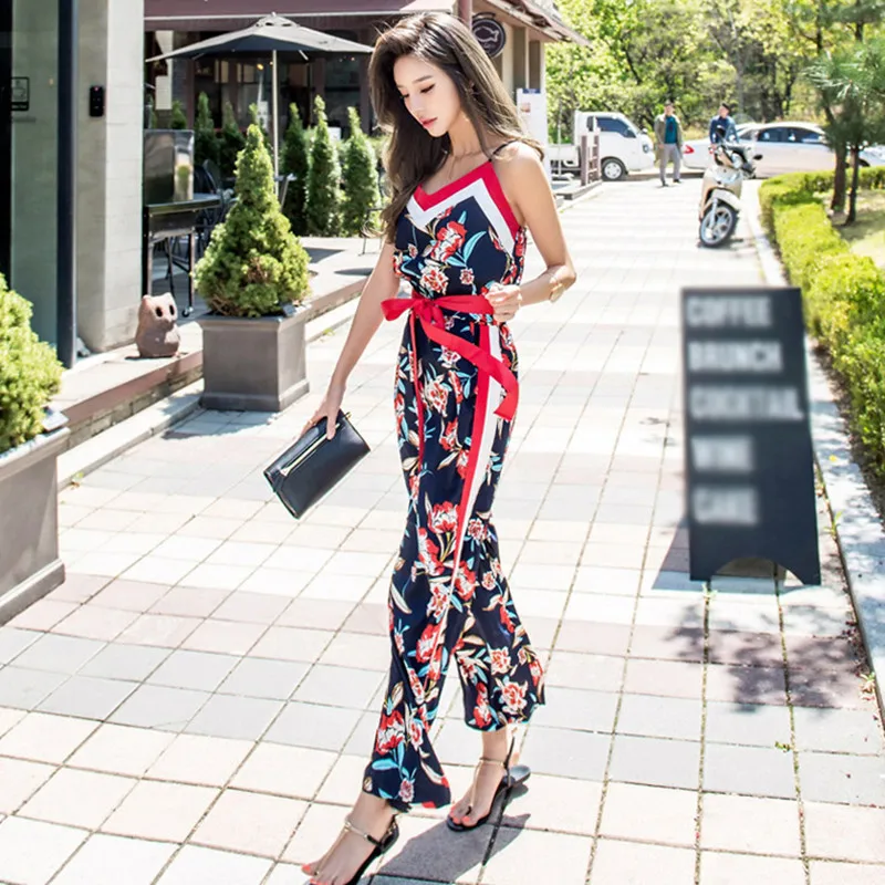 

YiLin Kay High Quality Fashion Runway Designer jumpsuit 2019 Sexy wide-leg print jumpsuit with suspenders