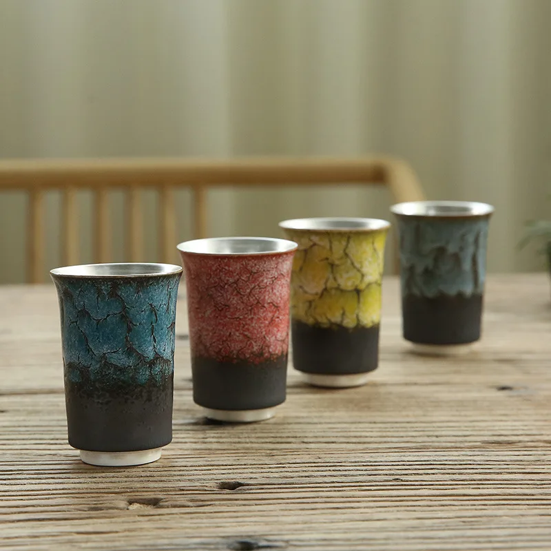 

Tang She, Spring, Summer, Autumn And Winter 999, Foot Silver, Hand-made Gilded Silver Tea Cup, Kiln Change, Four Seasons Cup, Te