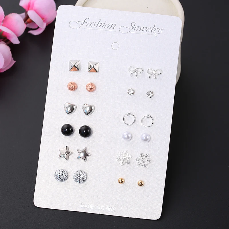 

12 Pairs/Set, Htzzy 2019 New Fashion Stud Earrings for Women Creative Geometry Stars Heart Crystal Earrings Cute Earrings Set