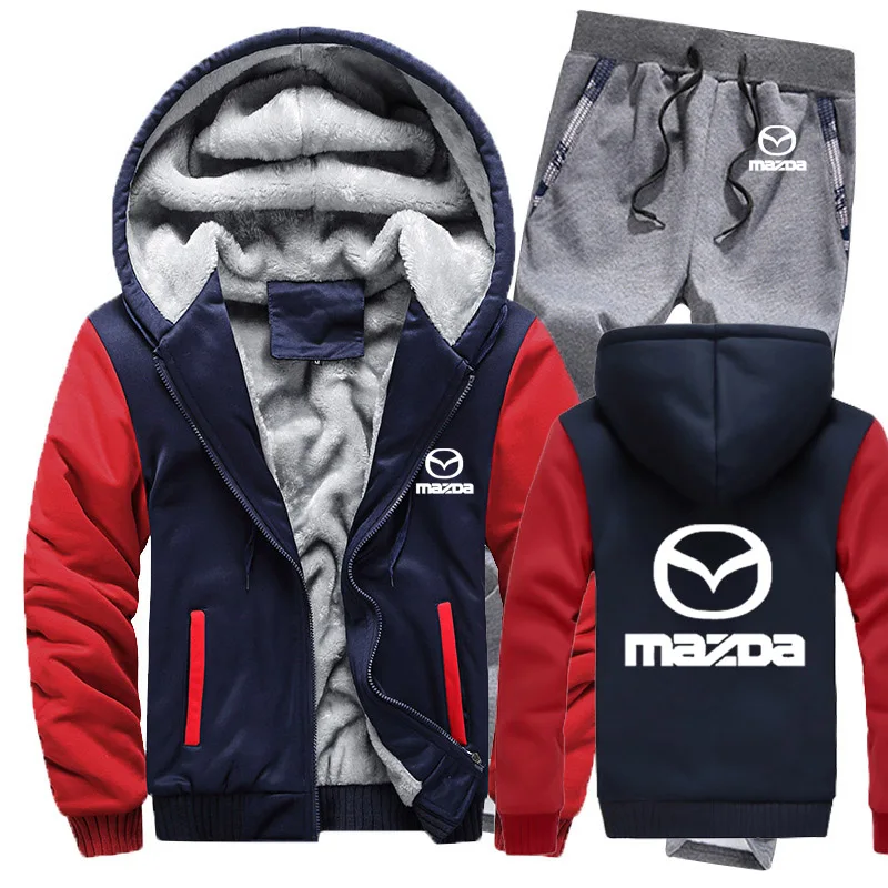 Мужские толстовки с капюшоном с логотипом Mazda, мужские толстовки с капюшоном, зимний утепленный флисовый хлопковый спортивный костюм на молнии, мужская куртка+ штаны, комплекты из 2 предметов