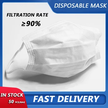 

In Stock 50PCS 3 Layer Disposable Mouth Mask Non-woven Anti PM2.5 Face Mask Breathable Dust-Proof Safety Ear loop Filter Masks