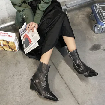 

MLJUESE 2020 women ankle boots soft cow leather zippers winter high heels pointed toe women western boots size 40 party dress