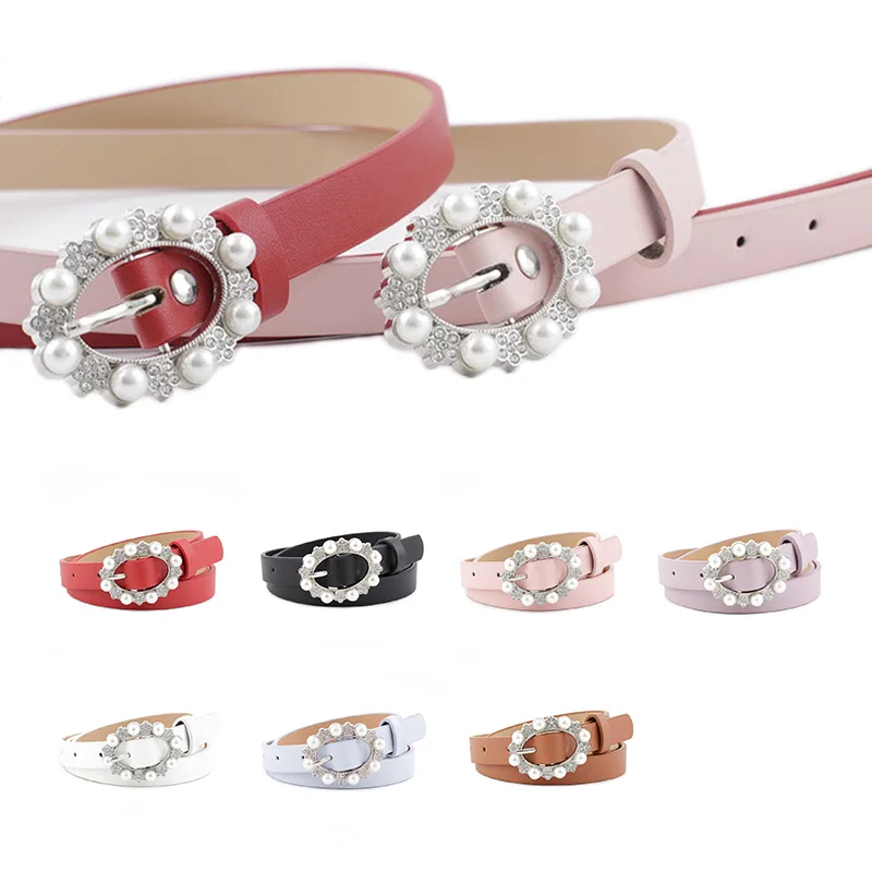 

Fashion Women PU Leather Thin Belt Luxurious Pearl Buckle Ladies Waist Belts Casual Dress Trouser Jeans Wild Female Waistband