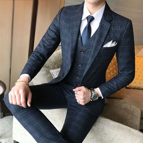 Блейзер+ брюки+ жилет) роскошный мужской костюм комплект из 3 предметов модный бутик решетки жениха свадебное платье мужской смокинг мужской Банкетный клуб платье - Цвет: TZ60 Dark blue 3PCS