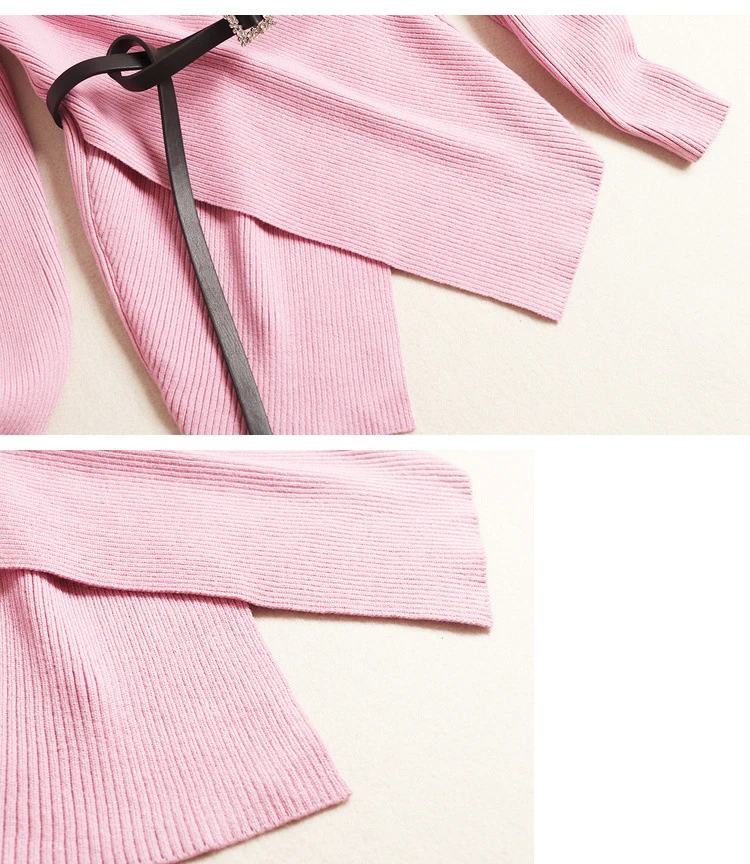 VERDEJULIAY милые офисные комплекты для женщин осень весна необычный розовый v-образный вырез ремень свитер Топ+ красочная средняя удлиненная Юбка Костюмы
