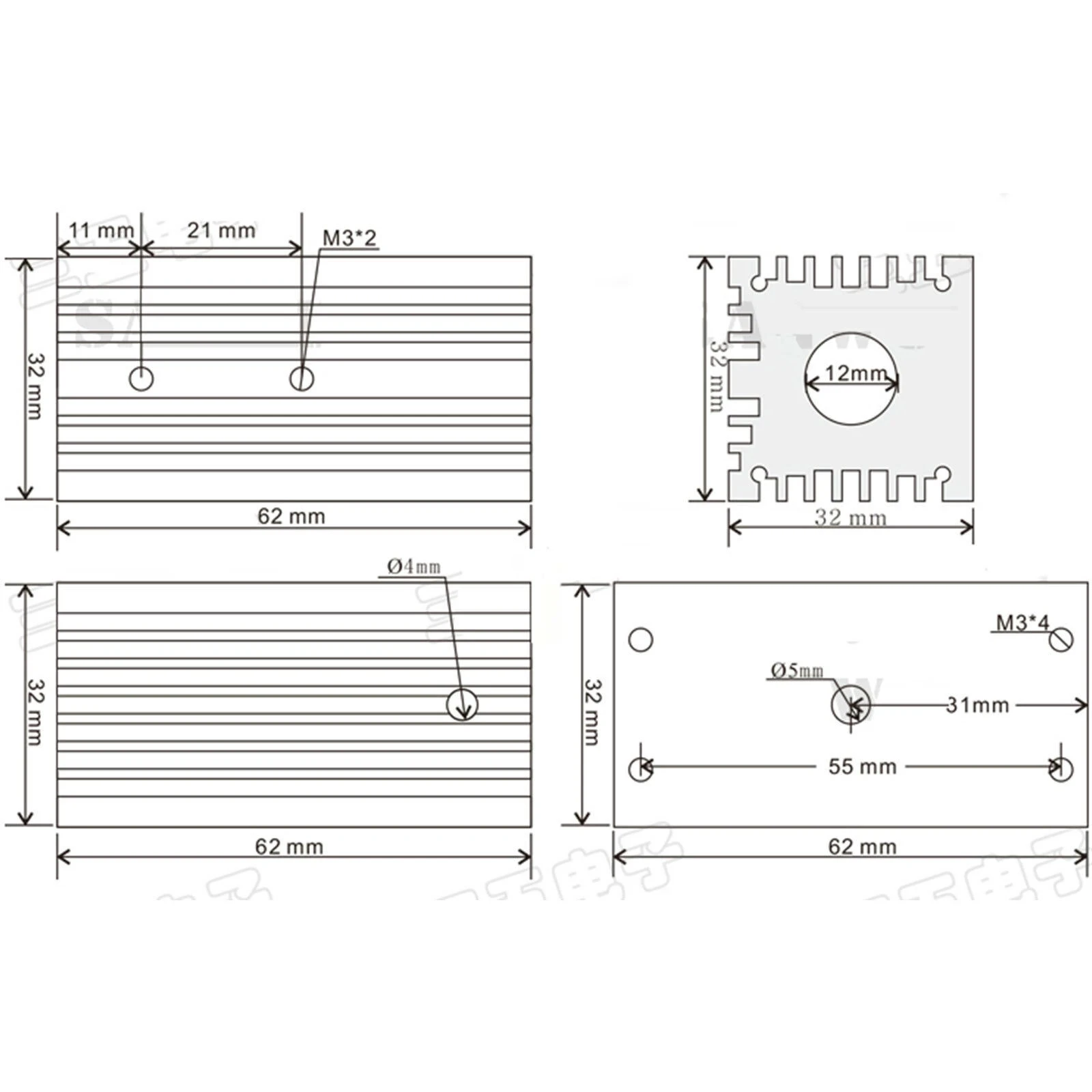 2pcs 12mm Long-time Working  Cooling Heatsink Holder Clamp for Laser Diode Module Pointer 32x62mm 6