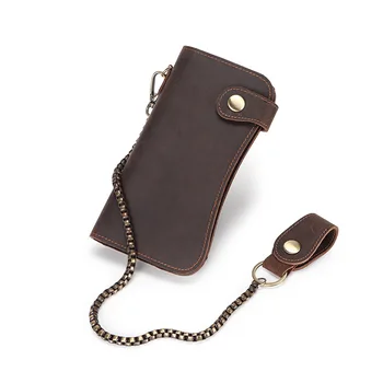 

Men new retro style leather wallet multi card slot money clip multi function solid color leather large capacity chain clutch