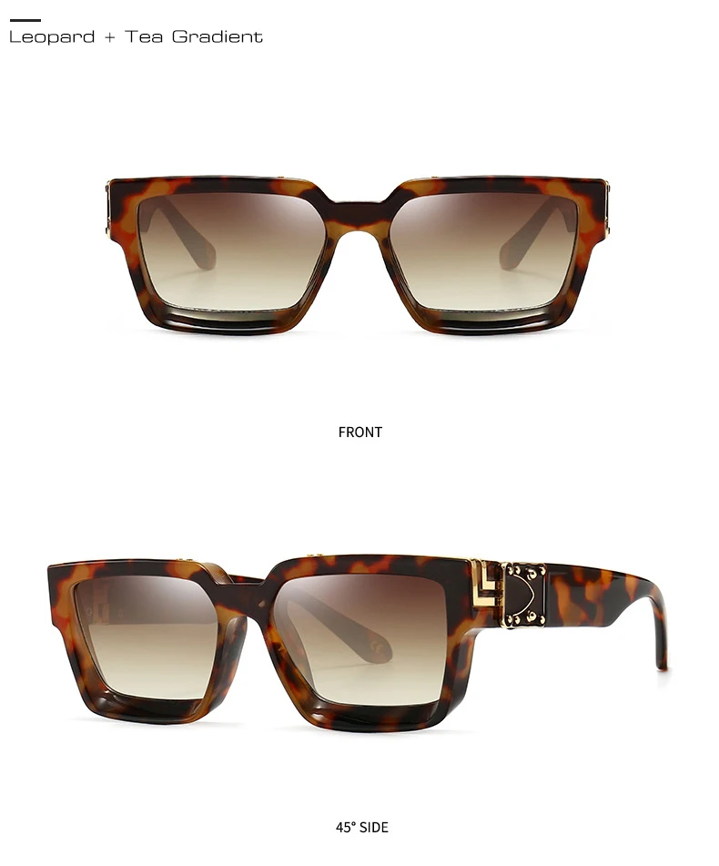 The Square Men Sunglasses, also known as Vintage Luxury Women Sun Glasses Shades, are displayed from the front and at a 45-degree angle. These fashionable accessories boast square-shaped lenses with eye-catching leopard-patterned frames and tea gradient lenses, providing UV400 protection for superior eye safety.