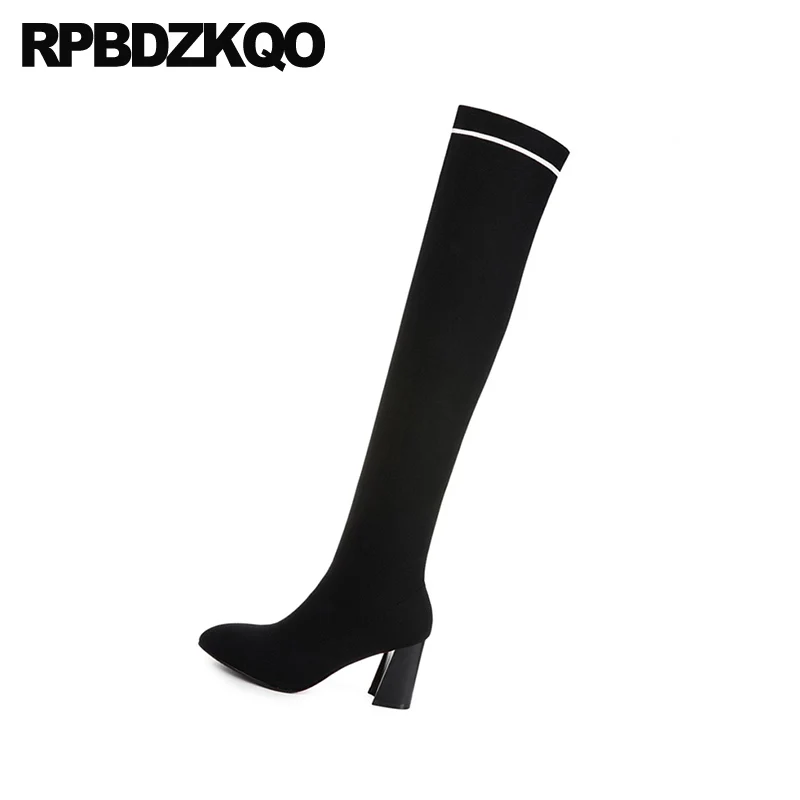 over the knee slim tall fur thick slip on black long knit chunky ladies women boots winter sock high heel round toe shoes