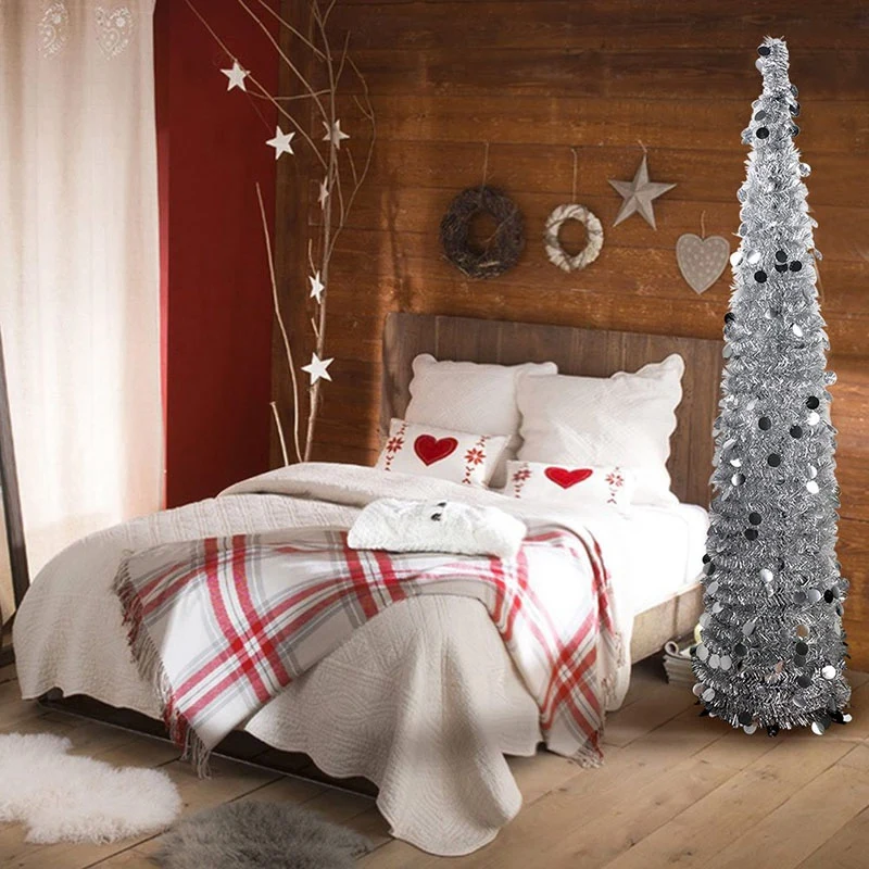 5Ft Christmas Tinsel Tree with Stand, Gorgeous Collapsible Artificial Christmas Tree for Christmas Decorations