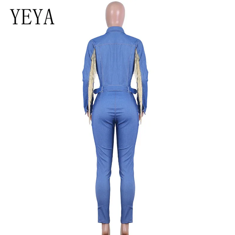 YEYA Новые Модные женские сексуальные джинсовые комбинезоны с бахромой, длинные рукава, открытая молния, Облегающий комбинезон, длинные брюки, комбинезон