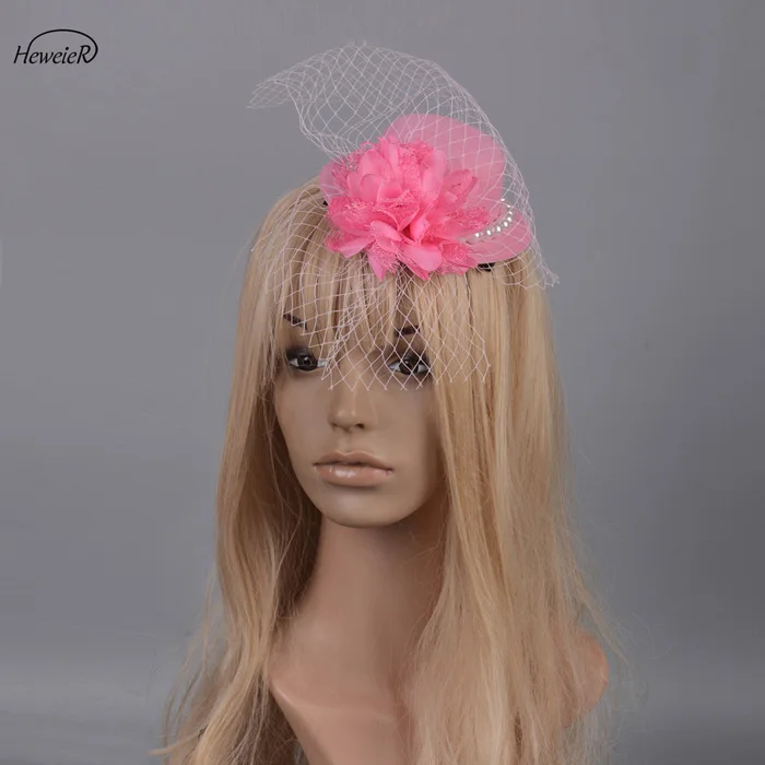 Pink Женский причудливый головной убор, головной убор, Цветочная вуаль, бусины, заколки для волос, головной убор, свадебные коктейльные вечерние аксессуары - Цвет: Pink