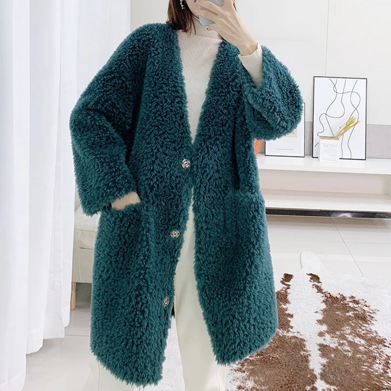 

Winter Women's Sheep Shearing Coat Mid-Length Lamb Wool Granular Fleece Without Hood Single-Breasted V-Neck Fur Warm Coat Casual
