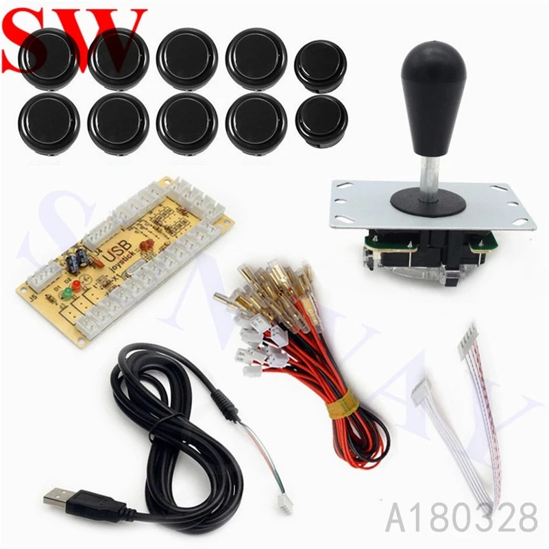 Black Arcade MAME DIY Kit USB Encoder Board with PC Joystick 5 Pin oval ball+ 10 Push Buttons For wood or metal control panels