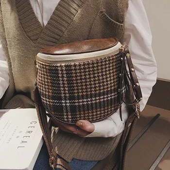 

Diysomes The New Small Bag Fashion Bucket Korean Version of Broadband Wild Shoulder Vintage Single Solid Woolen PU Female Women