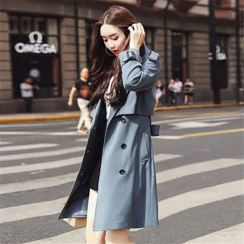 

2020 NEW Spring Autumn Trench Coats For Women Outerwear Fashion Double-breasted Tie Blue Black Windbreaker Coat Overcoats XA129