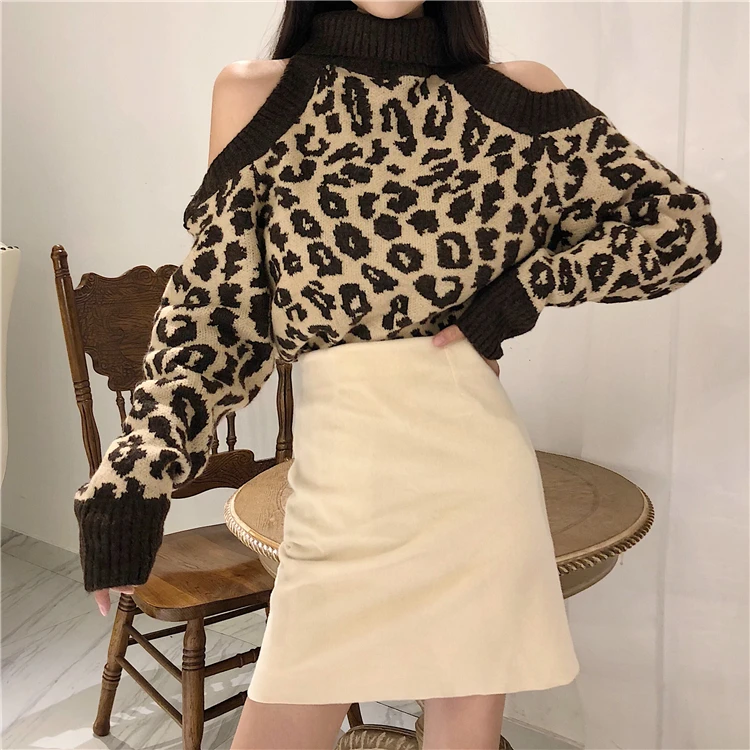 

Off Shoulder Leopard Knitted Sweater Women Plus Size Sweaters Loose Turtleneck Tops Lady Sexy Jumpers Woman Winter Clothes 2019