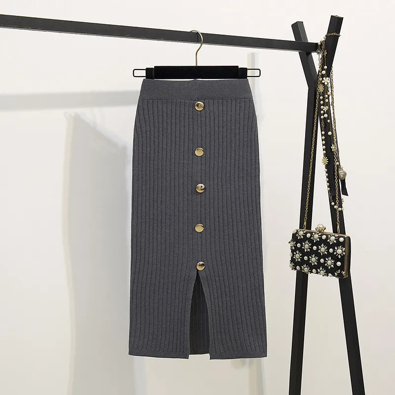

New Style Button Knitted Skirt Women's High-waisted Sheath Slit One-step Skirt Mid-length Yarn Skirt