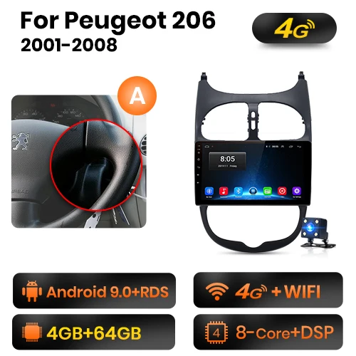 AWESAFE для peugeot 206 2001 2002 2003 2004-2008 Автомобиль Радио Мультимедийный видеоплеер gps без 2din 2 din Android 8,1 2 ГБ+ 32 ГБ - Цвет: 4G-WIFI  4GB-64GB -A