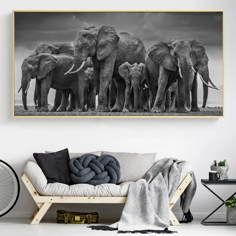 

Modern Animals Posters Prints Wall Art Canvas Painting Black and White African Elephant Herd Pictures for Living Room Cuadros