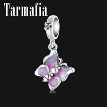 Горячая Подлинная 925 пробы Серебряная фиолетовая эмалированная бабочка изящная Подвеска Бусы Подходит Pandora Очаровательный Браслет оригинальное Изготовление ювелирных изделий