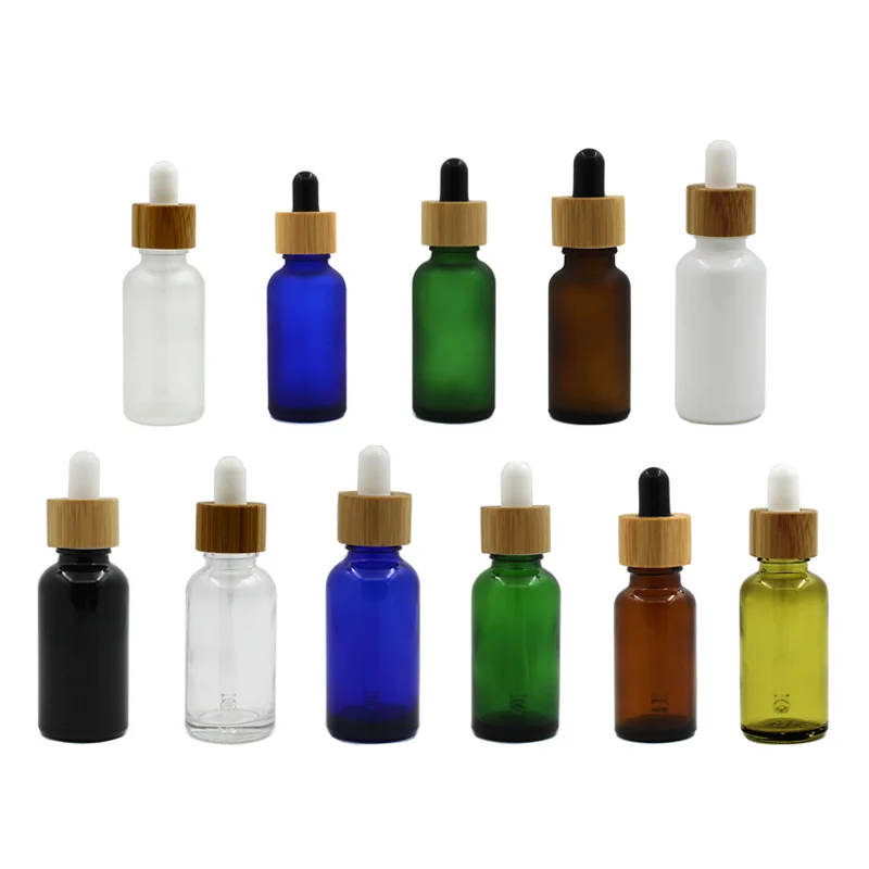 

24 x 100ml 50ml 1oz 2/3oz 1/2oz 1/3oz Frosted Glass Essential Oil Bamboo Dropper Bottle Glass Essential Drop Vials Serum 30ml