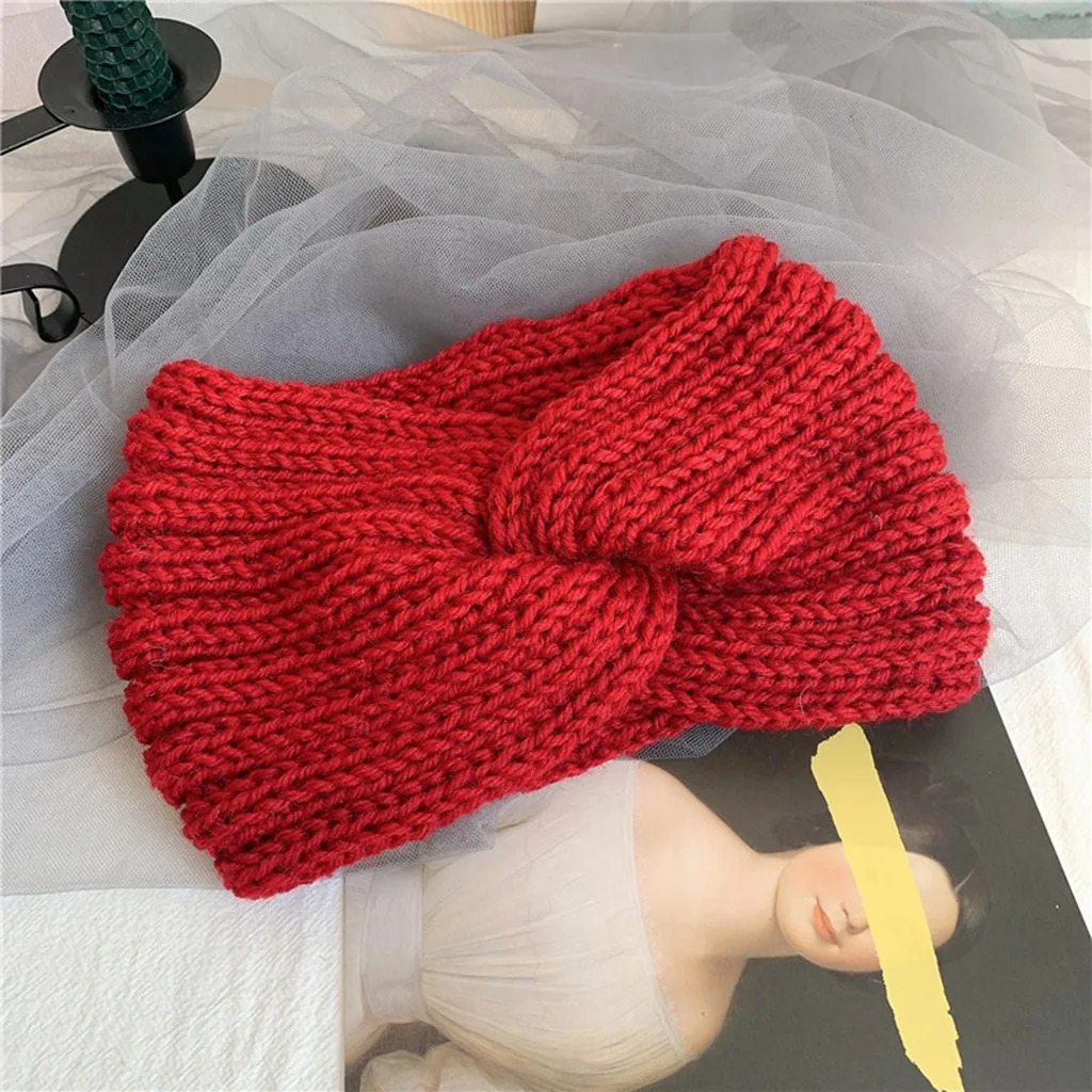 Модная зимняя лента для волос для женщин, одноцветная вязаная спортивная повязка на голову с перекрестными узорами, простая Теплая эластичная повязка для волос, аксессуары для волос - Цвет: Red