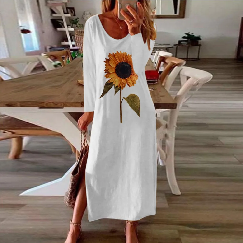 Sunflower-3D-Print-Split-Summer-Autumn-Dress-Women-Elegant-2022-White ...
