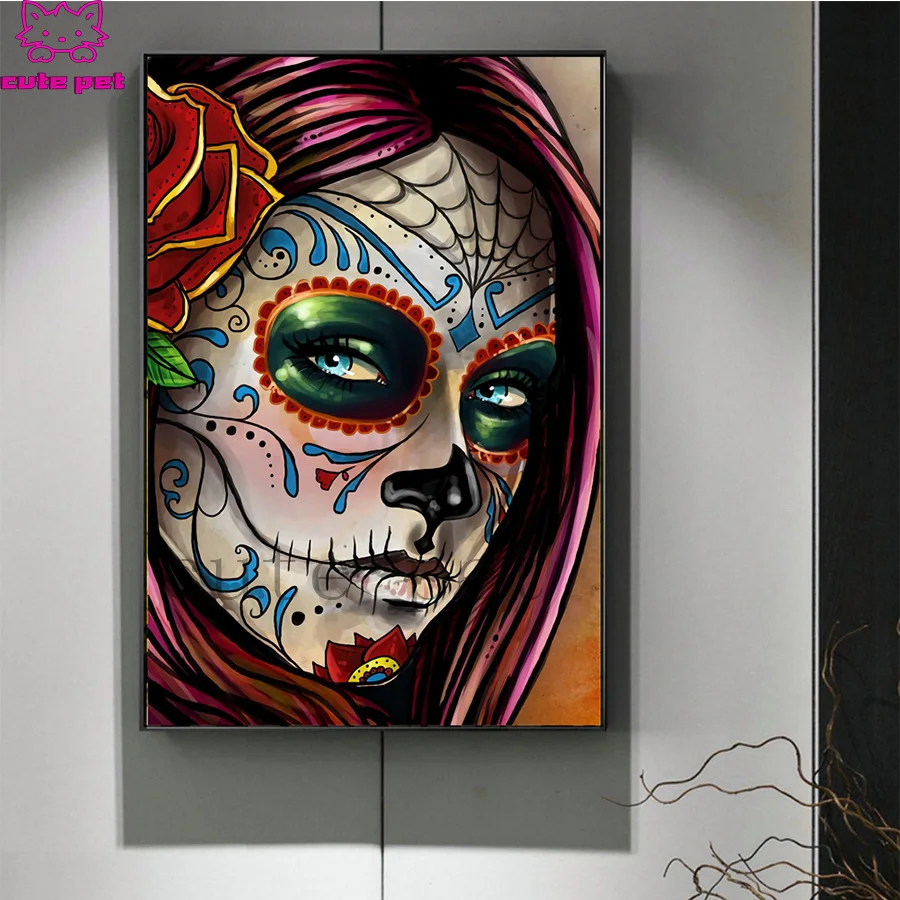 2020 round Diamond Painting Abstract Tattoo Skull Woman Face Full square Rhinestone of Picture mosaic diamond | Дом и сад