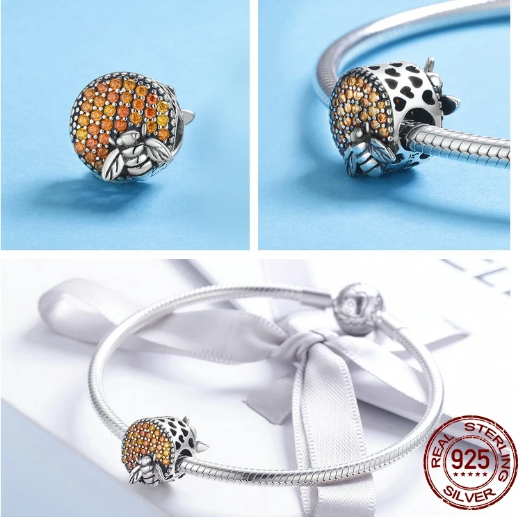 

MOWIMO 100% 925 Sterling Silver Bee Honeycomb Charms Clear CZ Beads Fit Original Silver Bracelets Pendant Jewelry Making BKC654